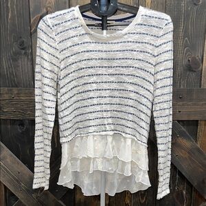 Lily White Bohemian Lace Top S Striped White Blue Embroidered Frilly Festival